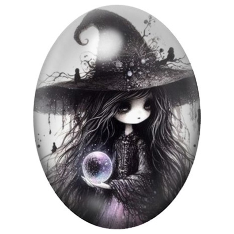 Cabochon en Verre Illustré Sorcière Gothique à la Boule de Cristal 13x18, 18x25 ou 30x40mm