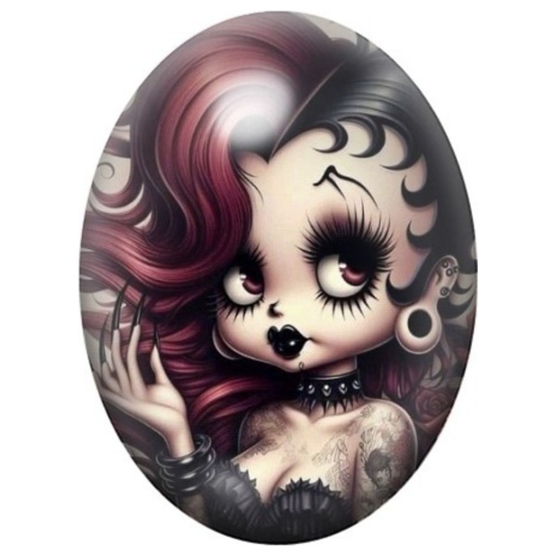Cabochon en Verre Illustré Pin-up Gothique aux Cheveux Rouge et Noir 13x18, 18x25 ou 30x40mm