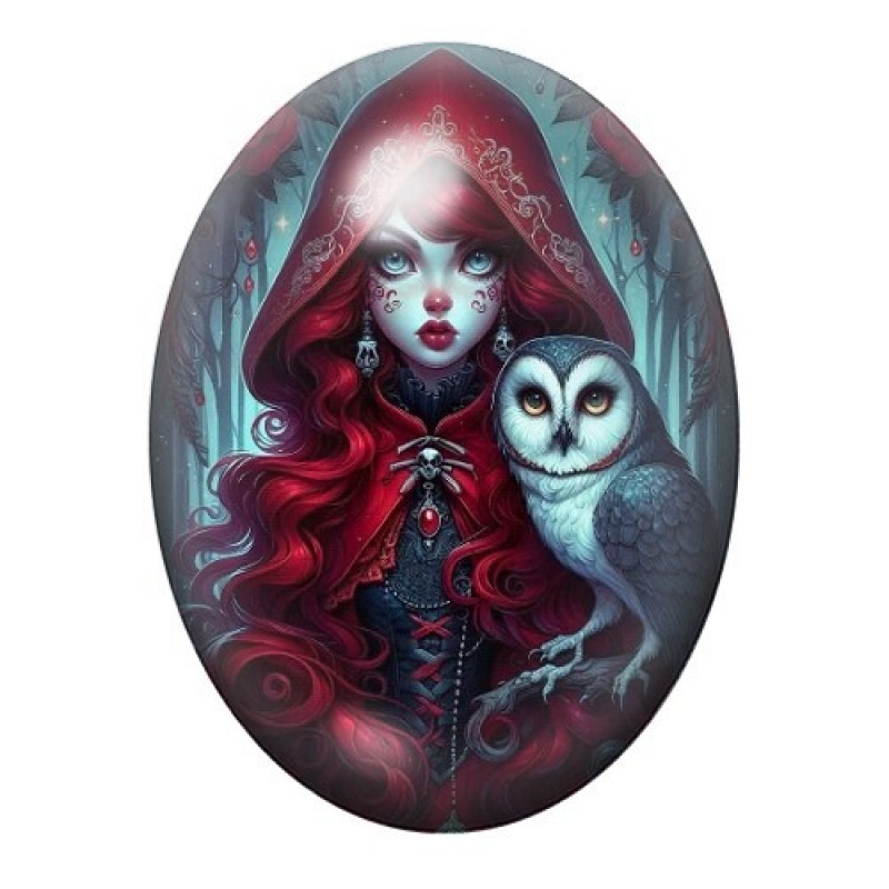 Cabochon en Verre Illustré Femme Chouette Gothique 13x18, 18x25 ou 30x40mm