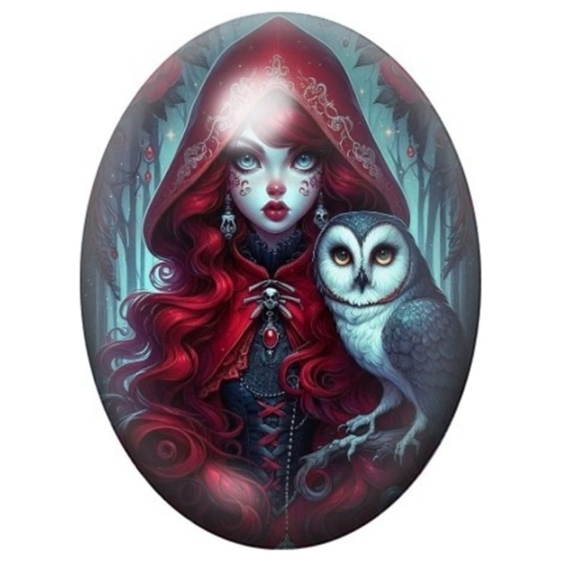 Cabochon en Verre Illustré Femme Gothique à la Chouette Blanche 13x18, 18x25 ou 30x40mm