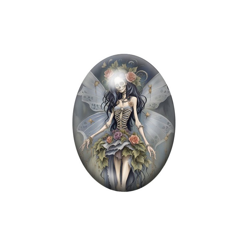 Cabochon en Verre Illustré Squelette Fée Gothique 13x18, 18x25 ou 30x40mm