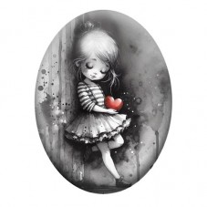 Cabochon en Verre Illustré Petite Fille Gothique au Cœur Rouge 13x18, 18x25 ou 30x40mm pour la création de bijoux fantaisie - DI