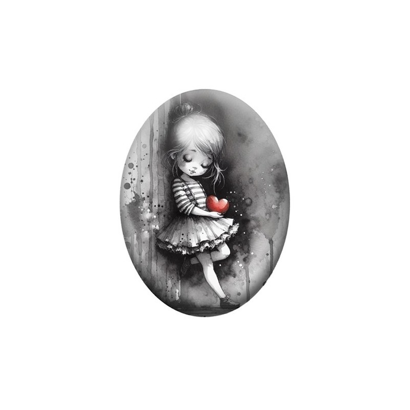Cabochon en Verre Illustré Petite Fille Coeur Gothique 13x18, 18x25 ou 30x40mm