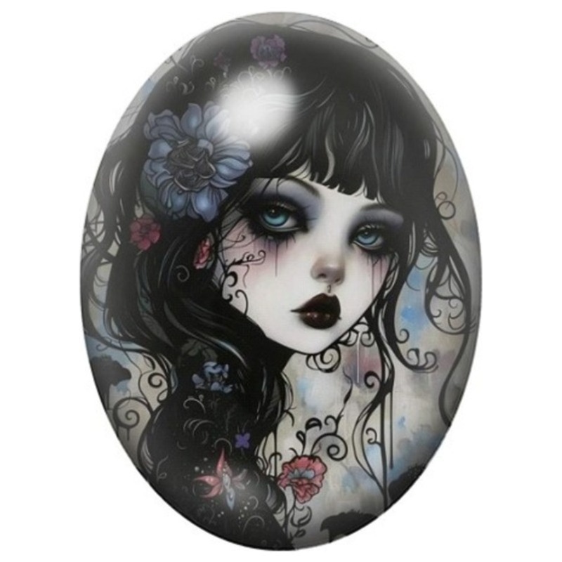 Cabochon en Verre Illustré Femme Gothique aux Fleurs Bleues 13x18, 18x25 ou 30x40mm