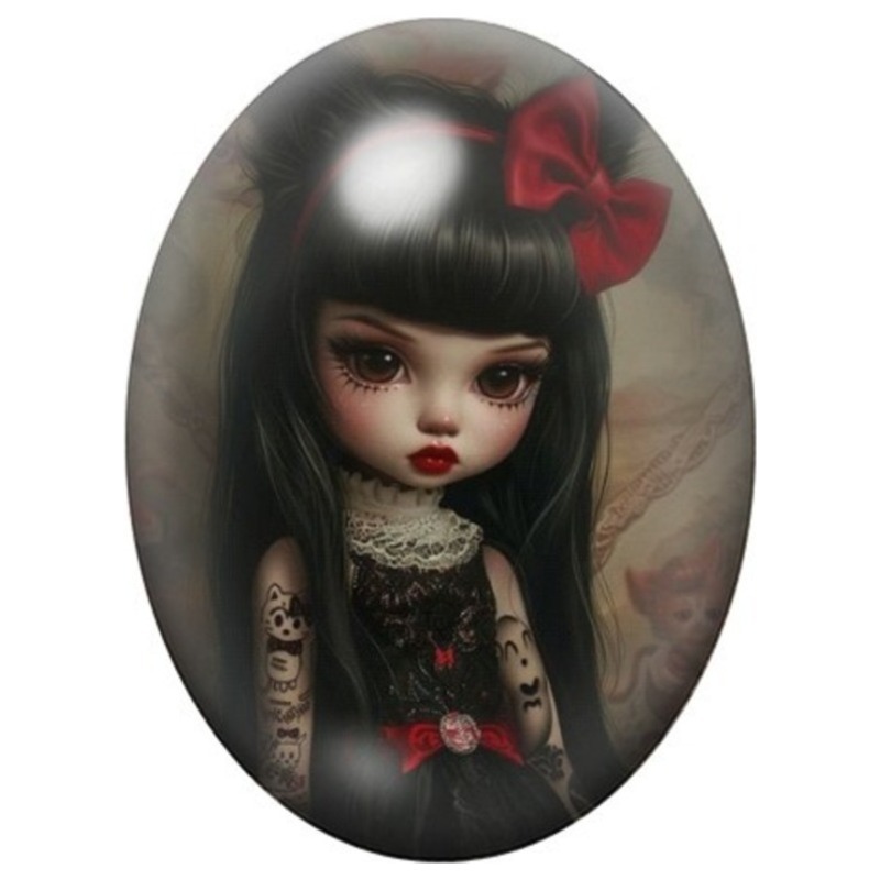 Cabochon en Verre Illustré Petite Fille Tatouée au Nœud Rouge 13x18, 18x25 ou 30x40mm