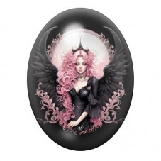 Cabochon en Verre Illustré Femme Ange aux Ailes Noires et Cheveux Roses 13x18, 18x25 ou 30x40mm pour la création de bijoux fanta