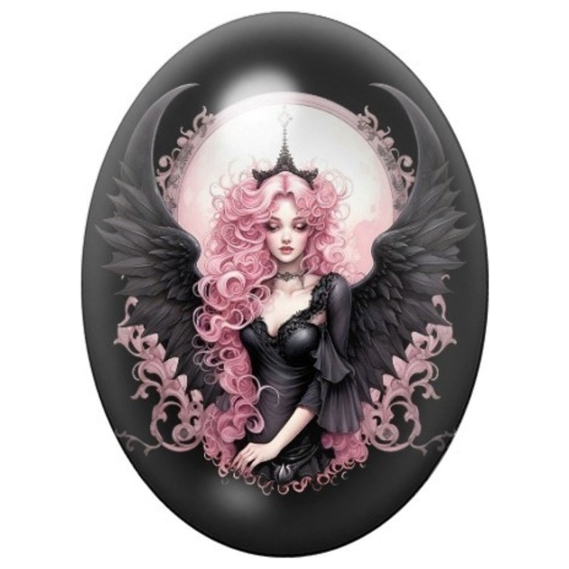 Cabochon en Verre Illustré Femme Ange aux Ailes Noires et Cheveux Roses 13x18, 18x25 ou 30x40mm