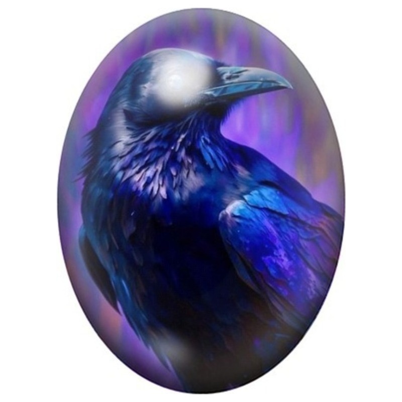 Cabochon en Verre Illustré Corbeau Bleu sous une Lumière Violette 13x18, 18x25 ou 30x40mm