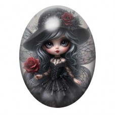Cabochon en Verre Illustré Petite Fée Gothique au Chapeau et aux Roses 13x18, 18x25 ou 30x40mm pour la création de bijoux fantai