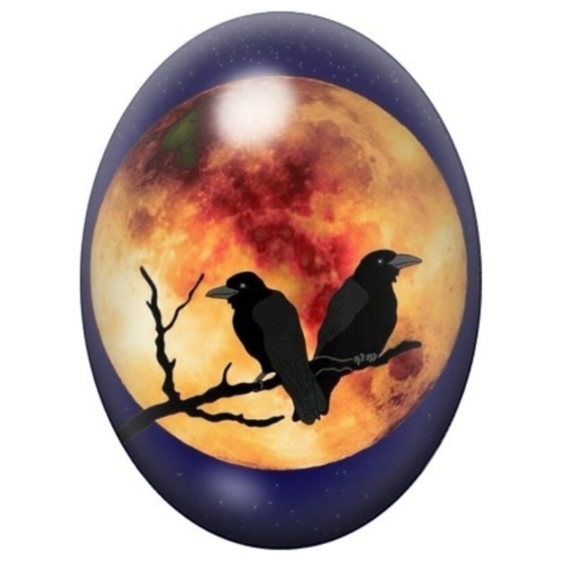 Cabochon en Verre Illustré Deux Corbeaux devant la Lune Rouge 13x18, 18x25 ou 30x40mm