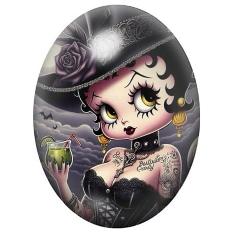 Cabochon en Verre Illustré Sorcière Pin-Up au Chapeau Noir 13x18, 18x25 ou 30x40mm