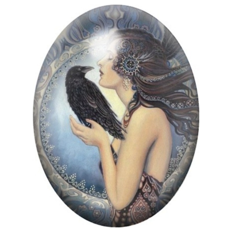 Cabochon en Verre Illustré Femme au Corbeau sur Fond Bleu 13x18, 18x25 ou 30x40mm