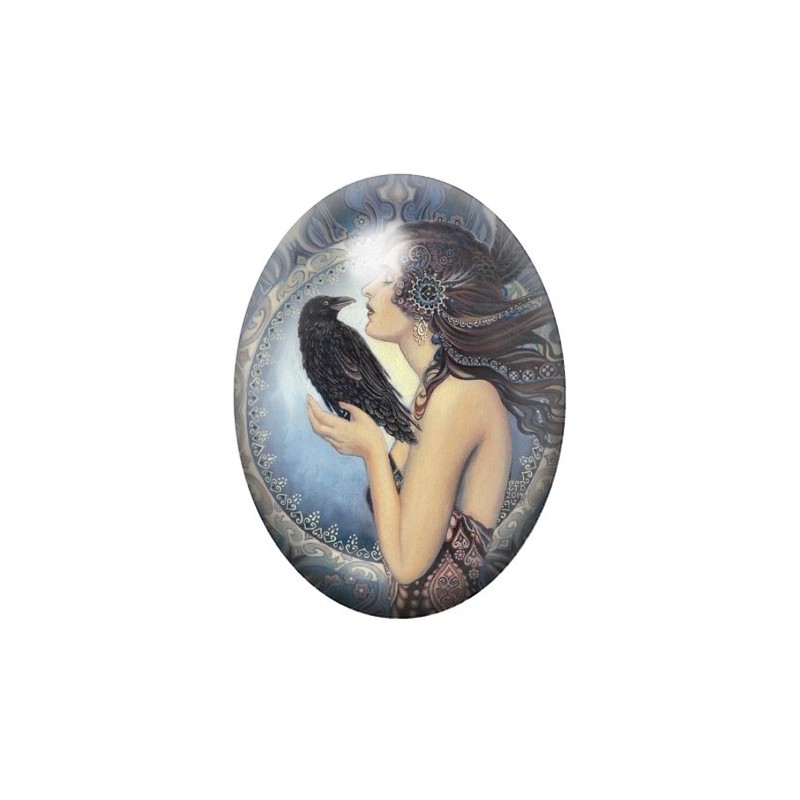 Cabochon en Verre Illustré Femme Corbeau Gothique 13x18, 18x25 ou 30x40mm