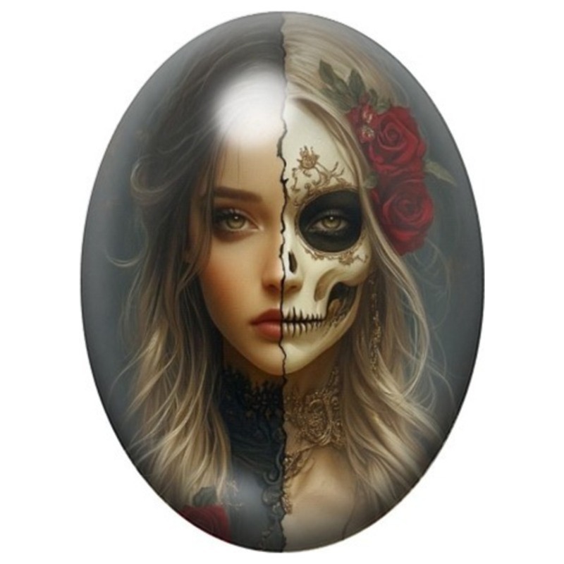 Cabochon en Verre Illustré Femme au Visage Moitié Calavera 13x18, 18x25 ou 30x40mm