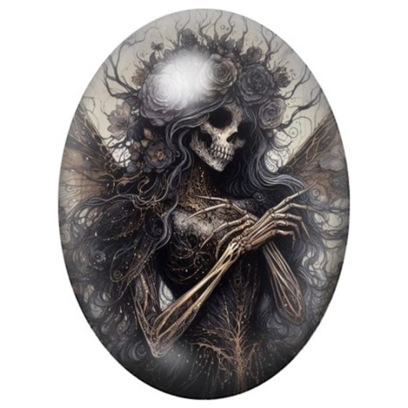 Cabochon en Verre Illustré Squelette Fée aux Cheveux Fleuris 13x18, 18x25 ou 30x40mm