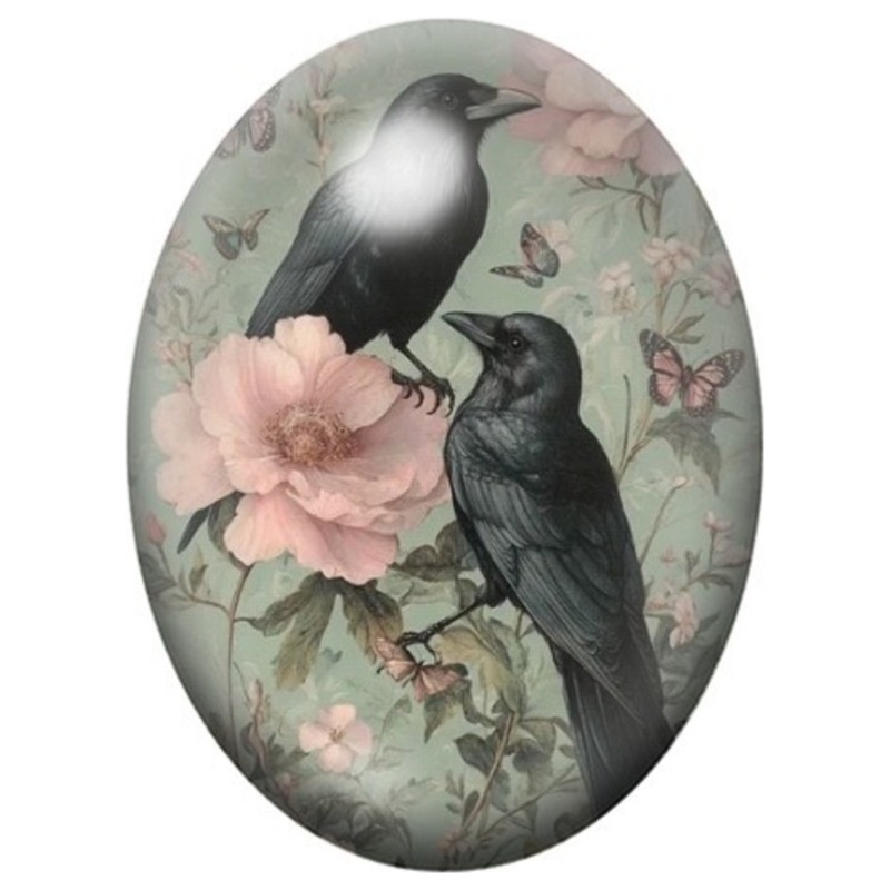 Cabochon en Verre Illustré Deux Corbeaux aux Pivoines Roses 13x18, 18x25 ou 30x40mm