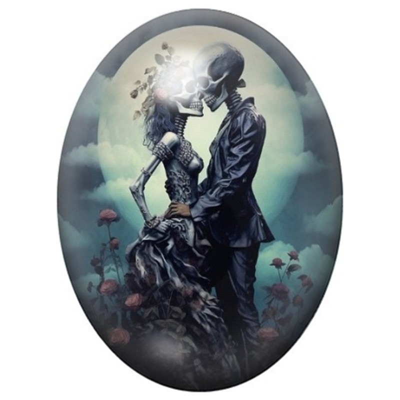 Cabochon en Verre Illustré Squelettes Amoureux dans les Fleurs 13x18, 18x25 ou 30x40mm