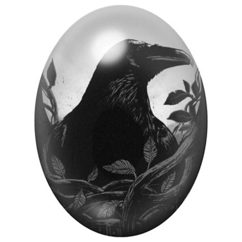 Cabochon en Verre Illustré Corbeau Noir dans les Feuillages 13x18, 18x25 ou 30x40mm