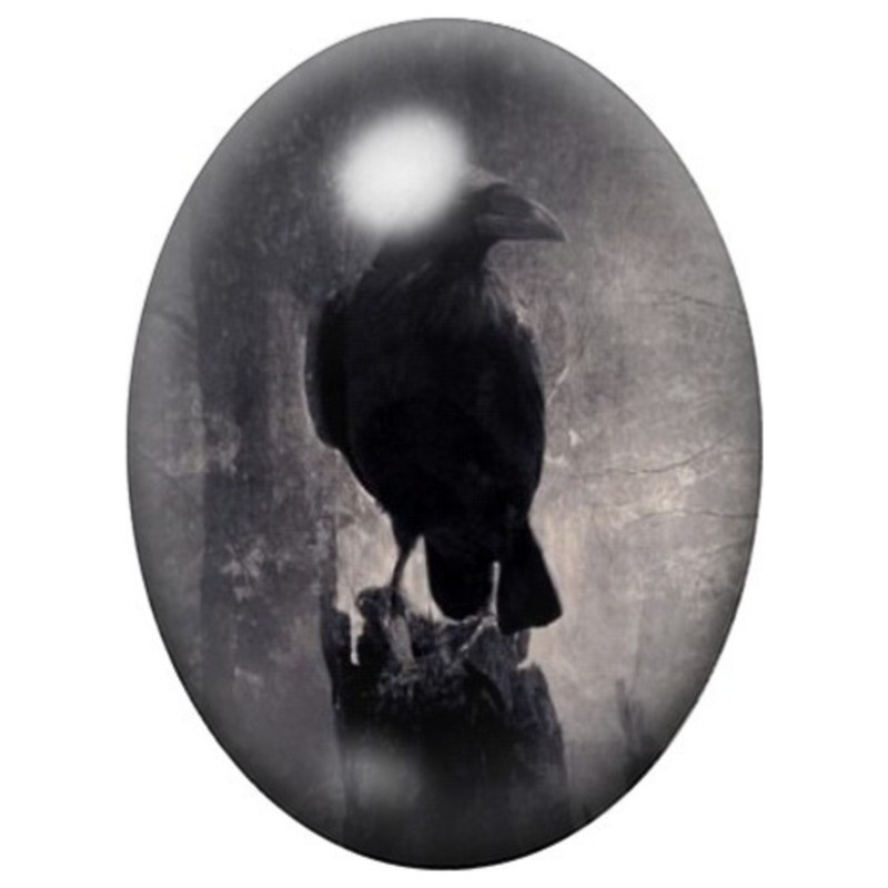 Cabochon en Verre Illustré Corbeau devant un Crâne dans la Brume 13x18, 18x25 ou 30x40mm