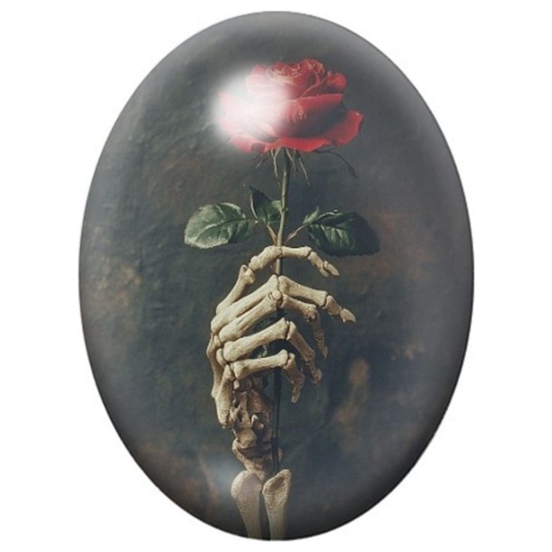 Cabochon en Verre Illustré Main Squelette à la Rose Rouge 13x18, 18x25 ou 30x40mm