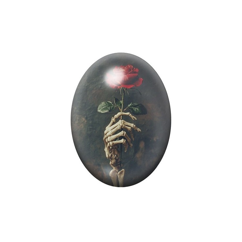 Cabochon en Verre Illustré Main Squelette Rose Fleur Gothique 13x18, 18x25 ou 30x40mm