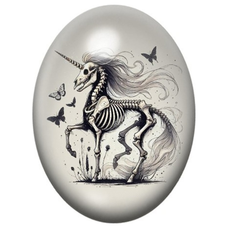 Cabochon en Verre Illustré Licorne Squelette aux Papillons 13x18, 18x25 ou 30x40mm