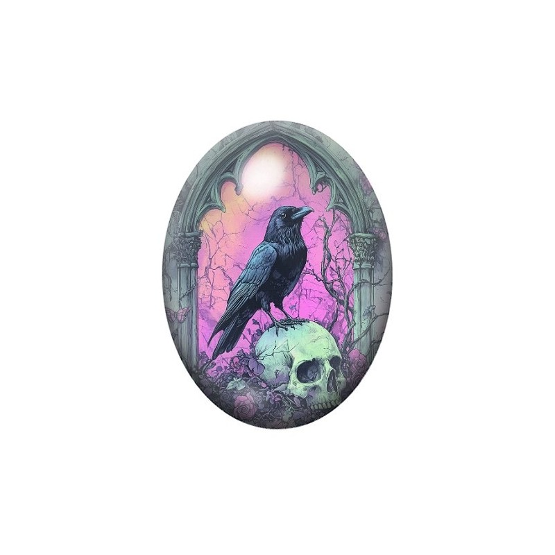 Cabochon en Verre Illustré Corbeau Crâne Gothique 13x18, 18x25 ou 30x40mm