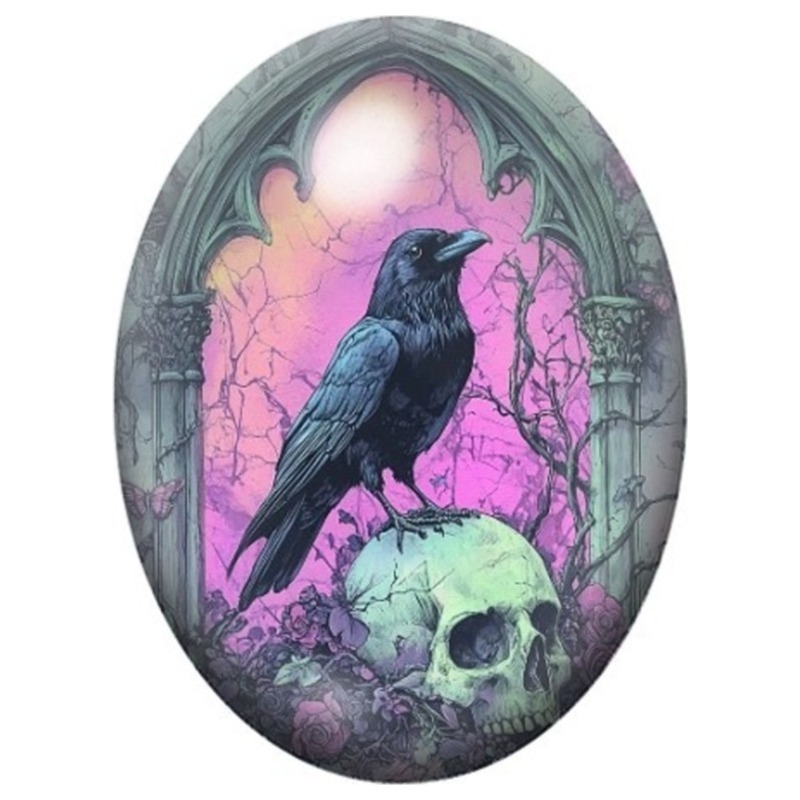 Cabochon en Verre Illustré Corbeau sur un Crâne devant un Vitrail Rose 13x18, 18x25 ou 30x40mm