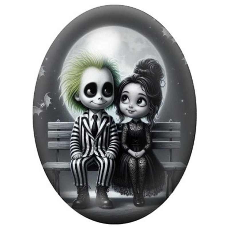 Cabochon en Verre Illustré Couple Gothique aux Rayures Noires et Blanches 13x18, 18x25 ou 30x40mm