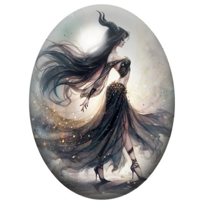 Cabochon en Verre Illustré Fée Sombre dans le Vent 13x18, 18x25 ou 30x40mm