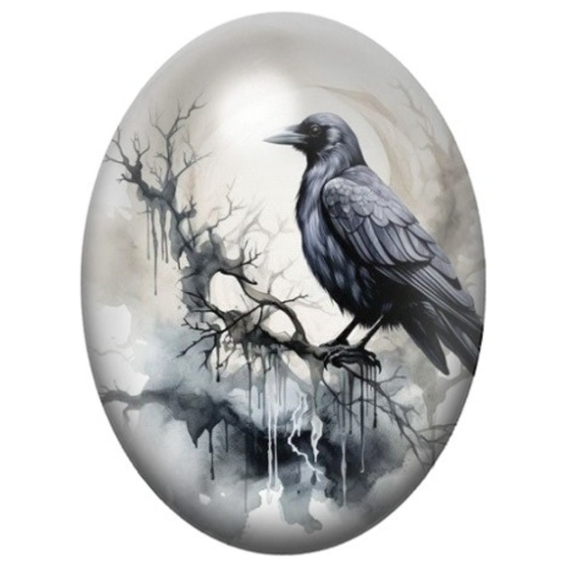 Cabochon en Verre Illustré Corbeau sur un Arbre dans la Brume 13x18, 18x25 ou 30x40mm