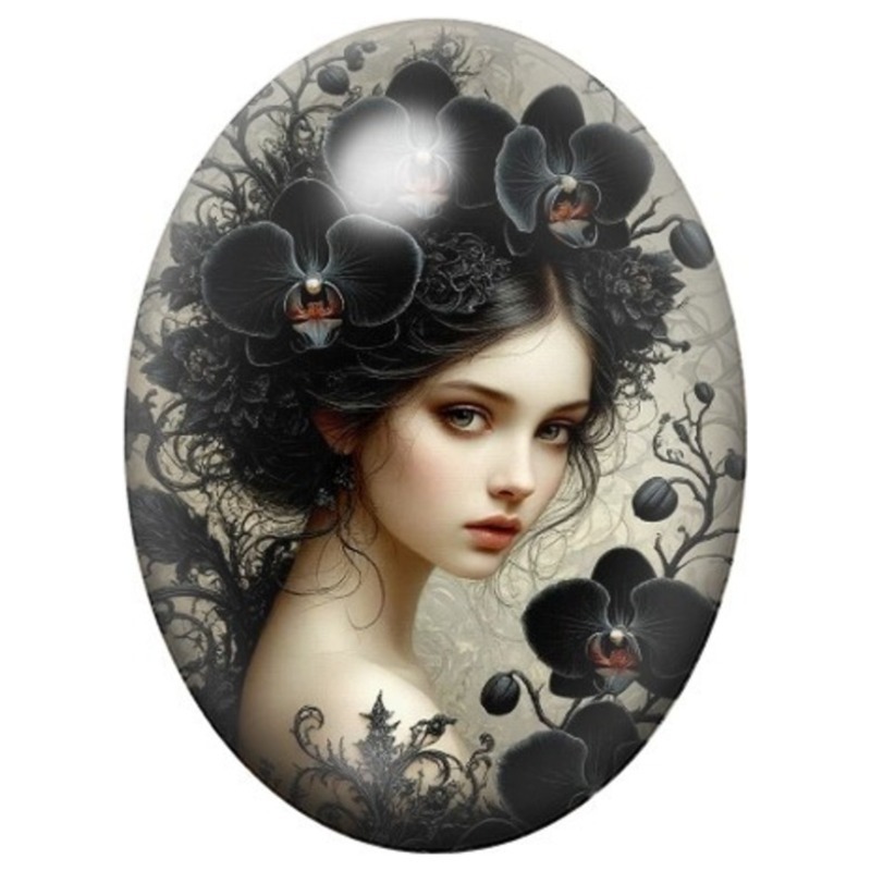 Cabochon en Verre Illustré Femme Gothique aux Orchidées Noires 13x18, 18x25 ou 30x40mm