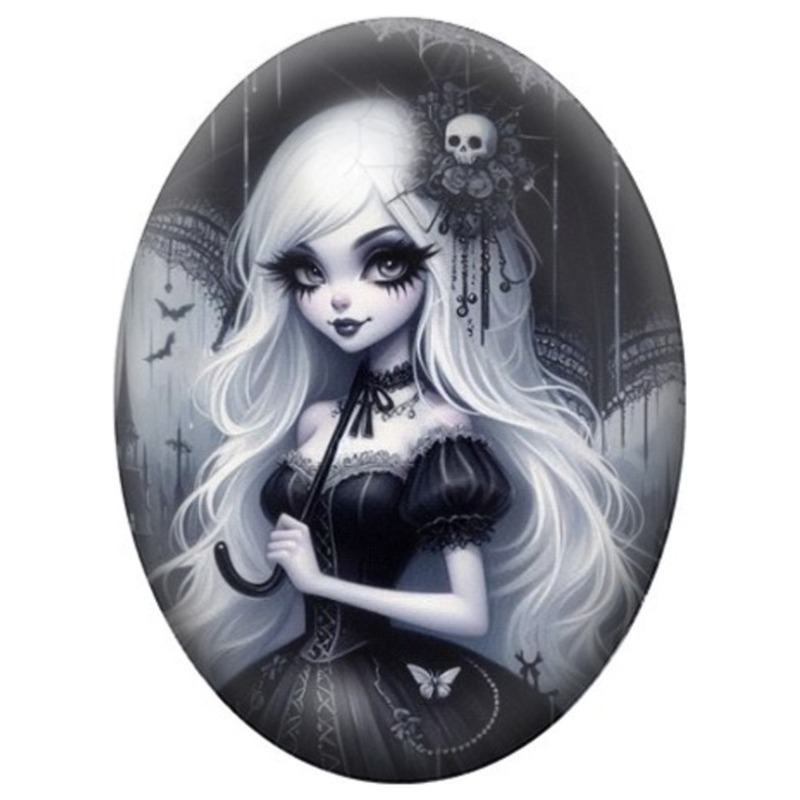 Cabochon en Verre Illustré Jeune Femme Gothique aux Cheveux Blancs 13x18, 18x25 ou 30x40mm