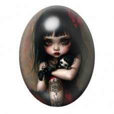 Cabochon en Verre Illustré Fillette Tatouée au Chat Squelette 13x18, 18x25 ou 30x40mm pour la création de bijoux fantaisie - DIY