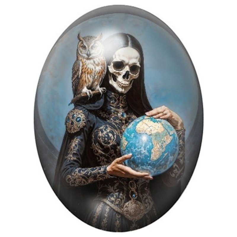 Cabochon en Verre Illustré Squelette tenant la Terre avec une Chouette 13x18, 18x25 ou 30x40mm