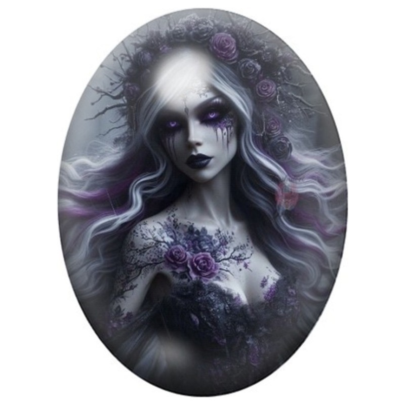 Cabochon en Verre Illustré Femme Gothique aux Fleurs Violettes 13x18, 18x25 ou 30x40mm