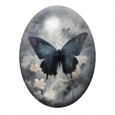 Cabochon en Verre Illustré Papillon Noir dans des Fleurs Blanches 13x18, 18x25 ou 30x40mm pour la création de bijoux fantaisie -