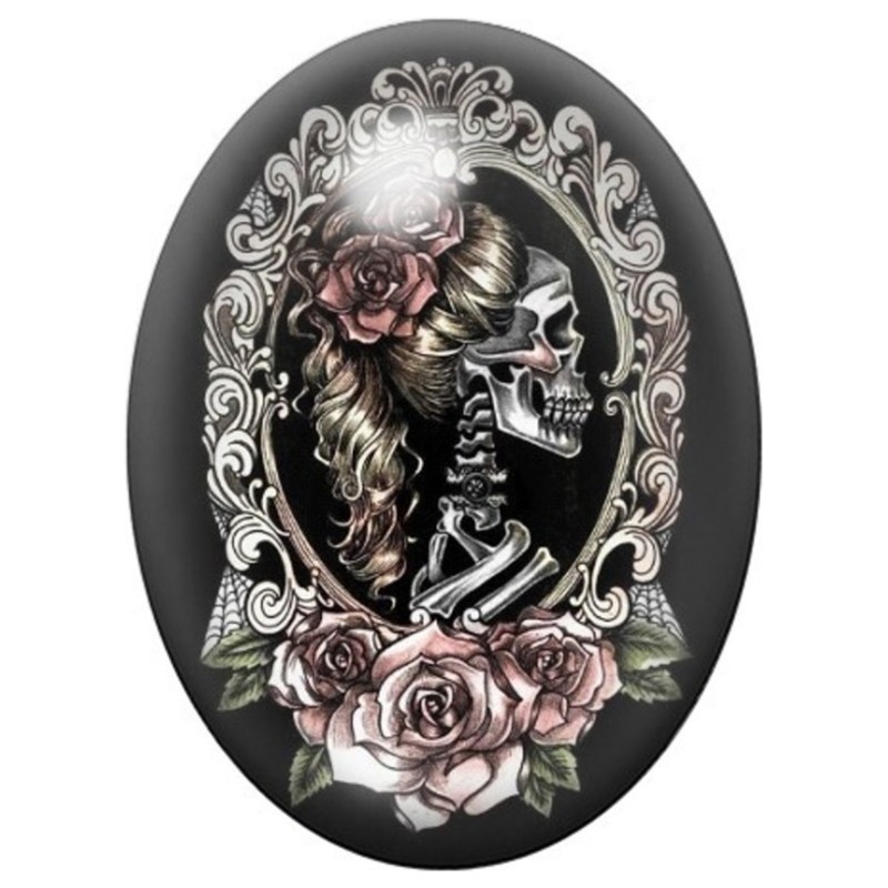 Cabochon en Verre Illustré Couple de Squelettes dans un Miroir aux Roses 13x18, 18x25 ou 30x40mm