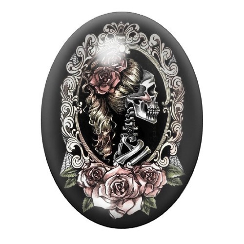 Cabochon en Verre Illustré Squelette Cadre Gothique 13x18, 18x25 ou 30x40mm