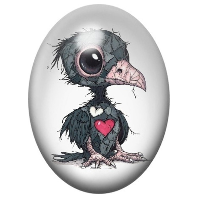 Cabochon en Verre Illustré Corbeau au Cœur Rose sur la Poitrine 13x18, 18x25 ou 30x40mm