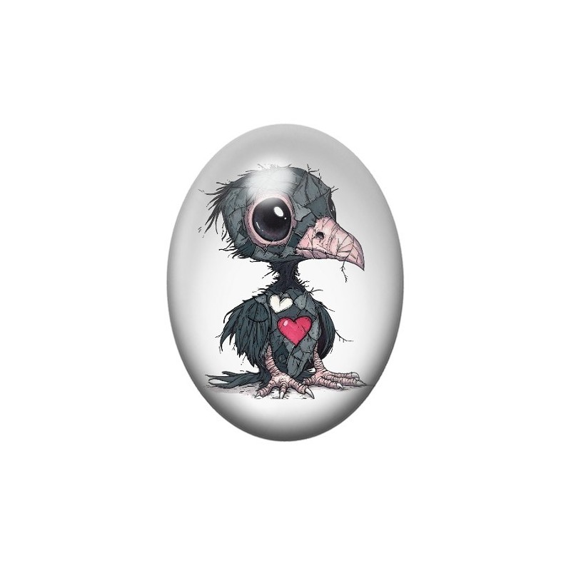 Cabochon en Verre Illustré Corbeau Coeur Gothique 13x18, 18x25 ou 30x40mm