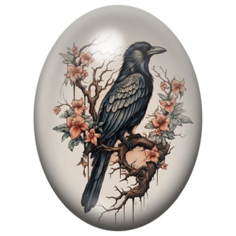 Cabochon en Verre Illustré Corbeau sur une Branche aux Fleurs d’Automne 13x18, 18x25 ou 30x40mm