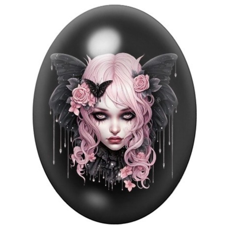 Cabochon en Verre Illustré Femme Papillon aux Roses Roses 13x18, 18x25 ou 30x40mm