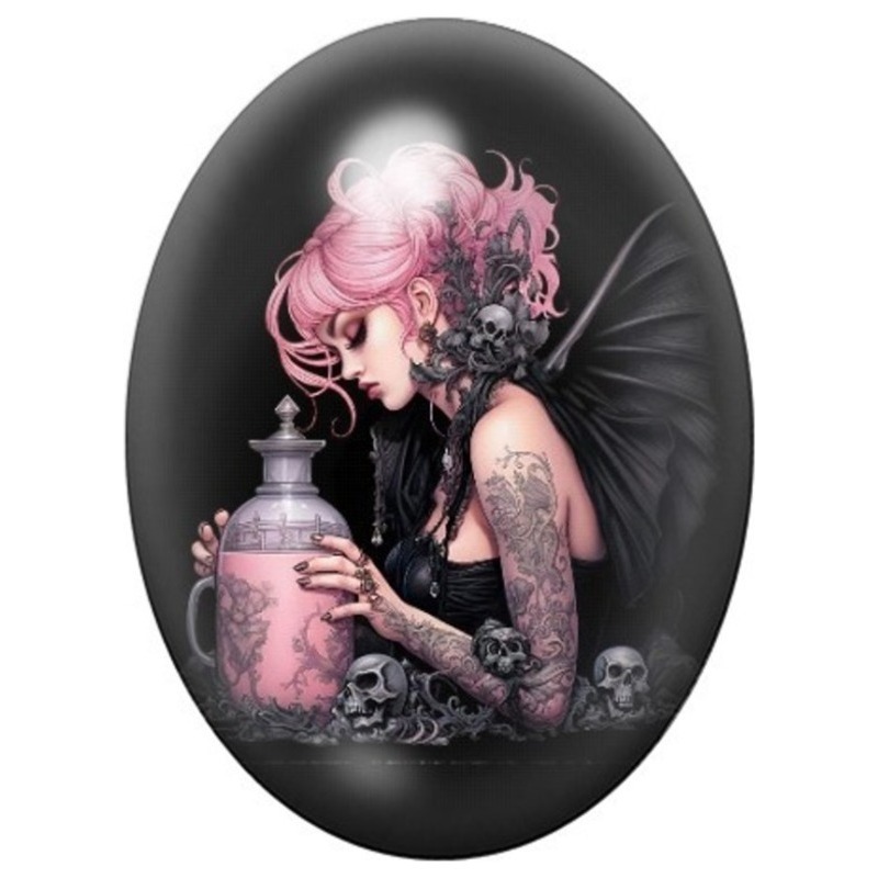 Cabochon en Verre Illustré Femme Tatouée Préparant une Potion Rose 13x18, 18x25 ou 30x40mm