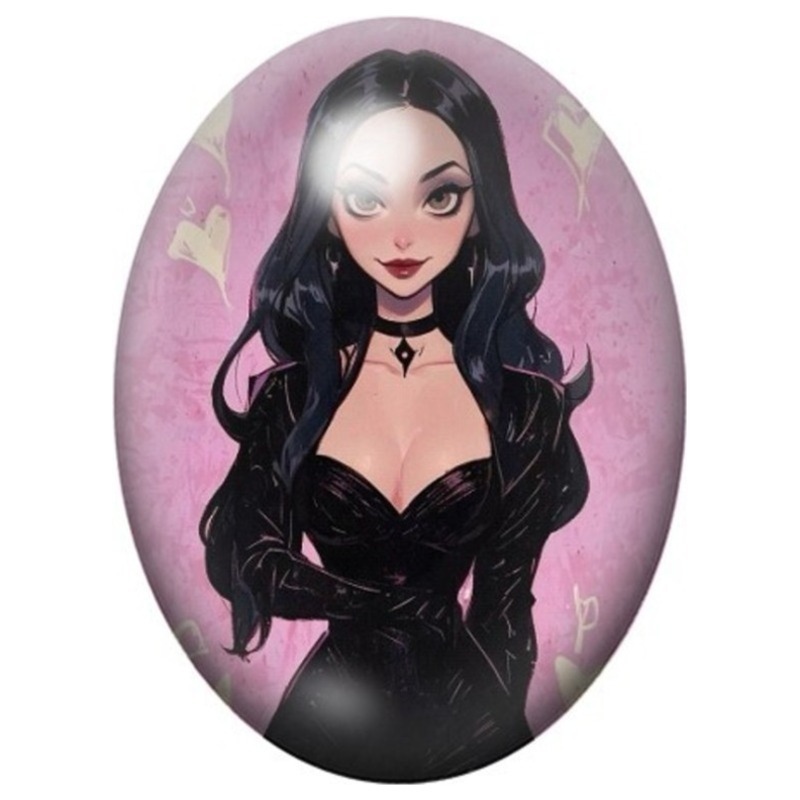 Cabochon en Verre Illustré Femme Gothique aux Cheveux Noirs sur Fond Rose 13x18, 18x25 ou 30x40mm
