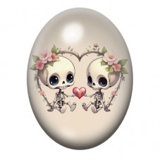 Cabochon en Verre Illustré Squelettes Amoureux au Petit Cœur Rose 13x18, 18x25 ou 30x40mm pour la création de bijoux fantaisie -