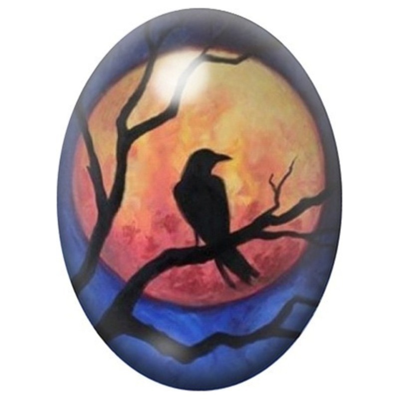 Cabochon en Verre Illustré Corbeau sur une Branche devant la Lune Orange 13x18, 18x25 ou 30x40mm