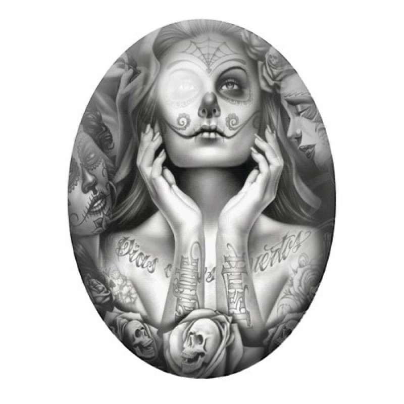 Cabochon en Verre Illustré Femme Calavera aux Tatouages 13x18, 18x25 ou 30x40mm