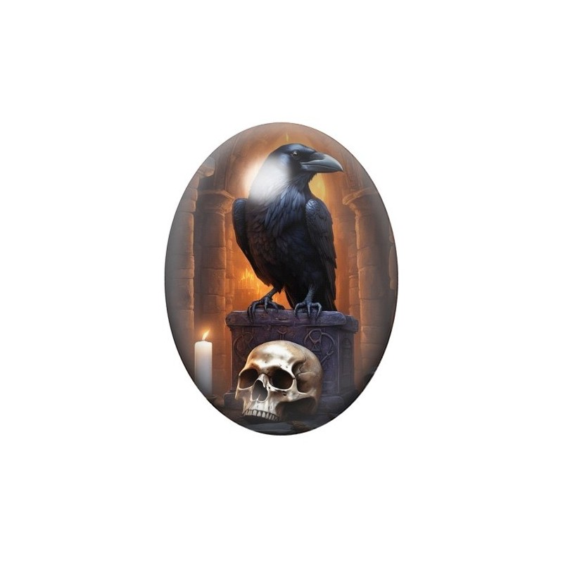 Cabochon en Verre Illustré Corbeau Crâne Gothique 13x18, 18x25 ou 30x40mm