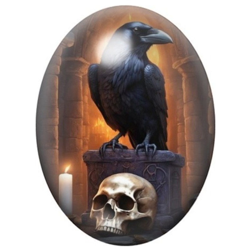 Cabochon en Verre Illustré Corbeau devant un Crâne et une Bougie 13x18, 18x25 ou 30x40mm